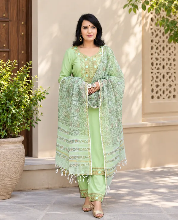 Mint_Green_Handblock_Printed_Cotton_Kurta_Set_with_Floral_Kota_Doria_Dupatta_for_Women