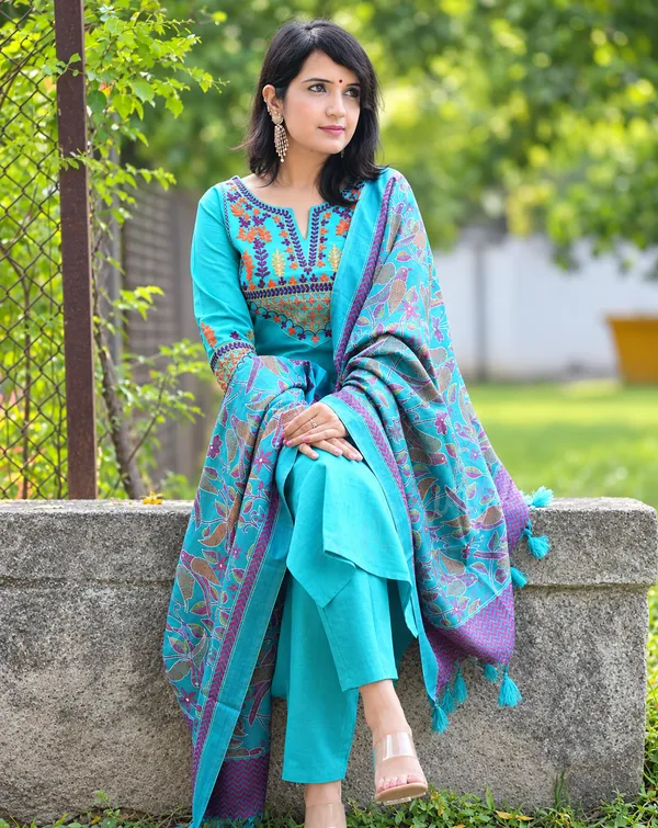 Elegant_Teal_Blue_Cotton_Kurta_Set_with_Embroidered_Neckline_and_Printed_Dupatta