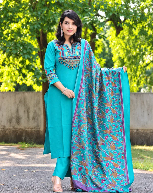 Elegant_Teal_Blue_Cotton_Kurta_Set_with_Embroidered_Neckline_and_Printed_Dupatta