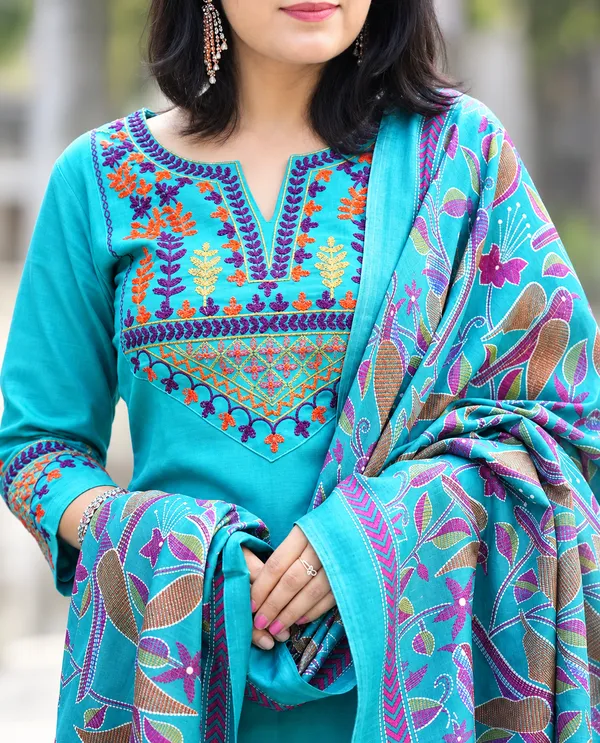 Elegant_Teal_Blue_Cotton_Kurta_Set_with_Embroidered_Neckline_and_Printed_Dupatta