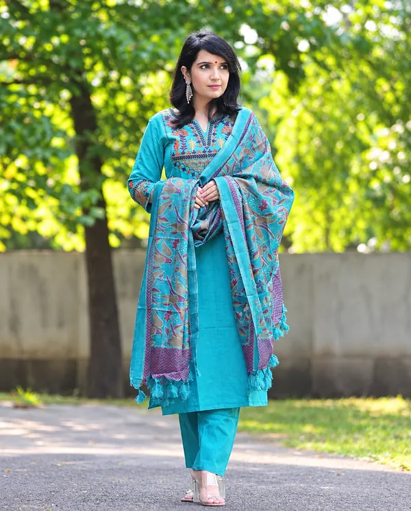 Elegant_Teal_Blue_Cotton_Kurta_Set_with_Embroidered_Neckline_and_Printed_Dupatta
