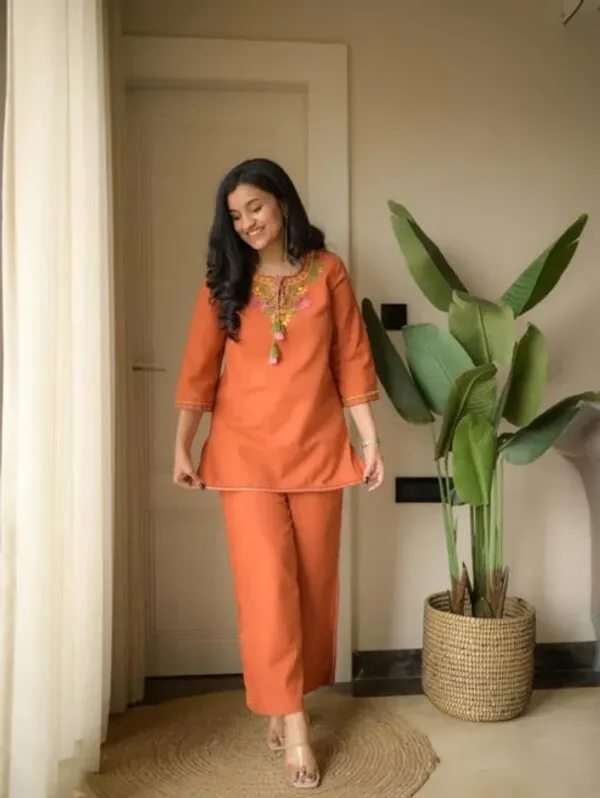 Sunset_Orange_Embroidered_Kurta_Co-Ord_Set_with_Tassel_Detailing