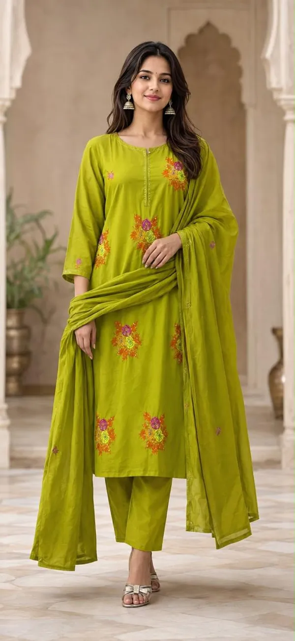 Women's_Lime_Green_Floral_Embroidered_Kurta_Pant_Dupatta_Set