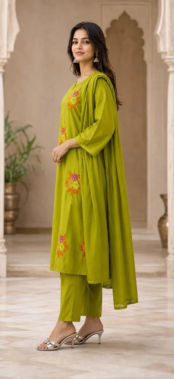 Women's_Lime_Green_Floral_Embroidered_Kurta_Pant_Dupatta_Set