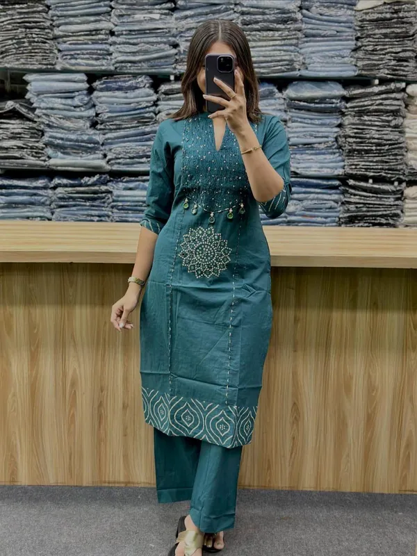 Women's_Teal_Blue_Hand_Block_Print_Kurta_Pant_Set_with_Dupatta