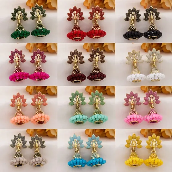 Multicolor_Alloy_Lotus_Stud_Beaded_Jhumka_Earrings_For_Women