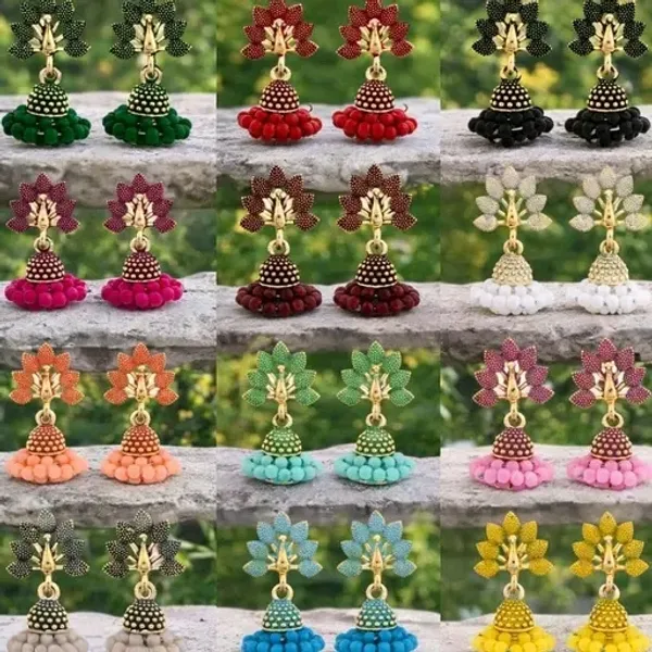 Multicolor_Alloy_Lotus_Stud_Beaded_Jhumka_Earrings_For_Women