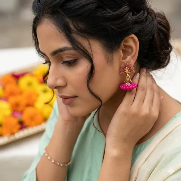 Multicolor_Alloy_Lotus_Stud_Beaded_Jhumka_Earrings_For_Women