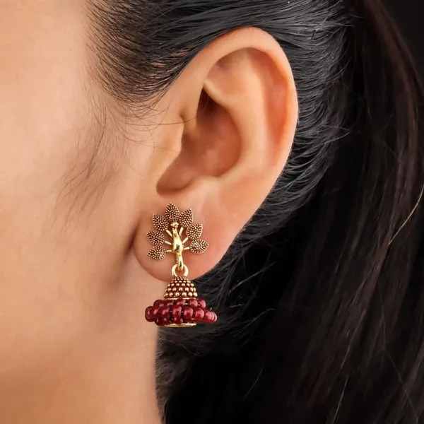 Multicolor_Alloy_Lotus_Stud_Beaded_Jhumka_Earrings_For_Women