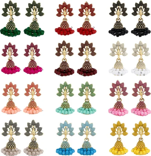 Multicolor_Alloy_Lotus_Stud_Beaded_Jhumka_Earrings_For_Women
