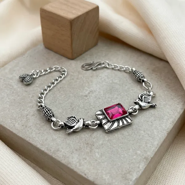 Silver_Oxidized_Alloy_Pink_Stone_Charm_Bracelet_For_Women