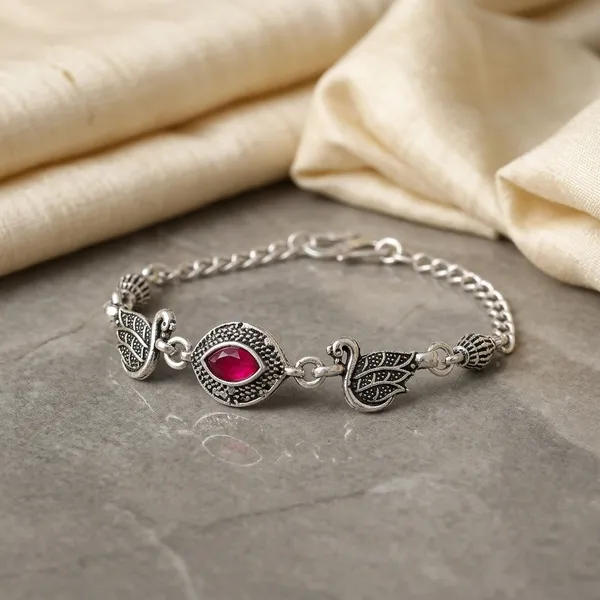 Silver_Oxidized_Alloy_Butterfly_Red_Stone_Charm_Bracelet_For_Women