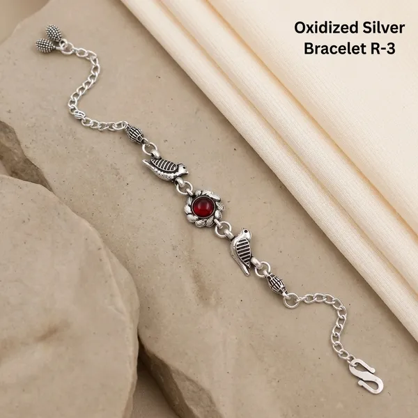 Silver_Oxidized_Alloy_Red_Stone_Bird_Charm_Bracelet_For_Women