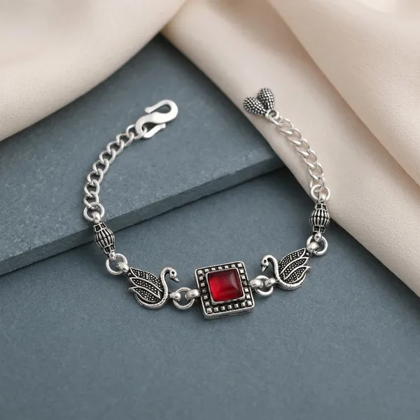 Silver_Oxidized_Alloy_Red_Stone_Charm_Bracelet_For_Women