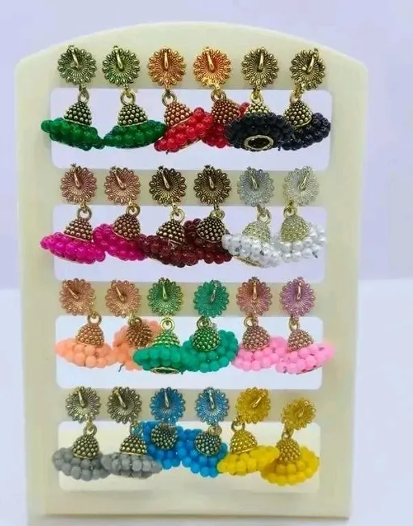 Multicolor_Alloy_Enamel_Three-Leaf_Beaded_Jhumka_Earrings_For_Women