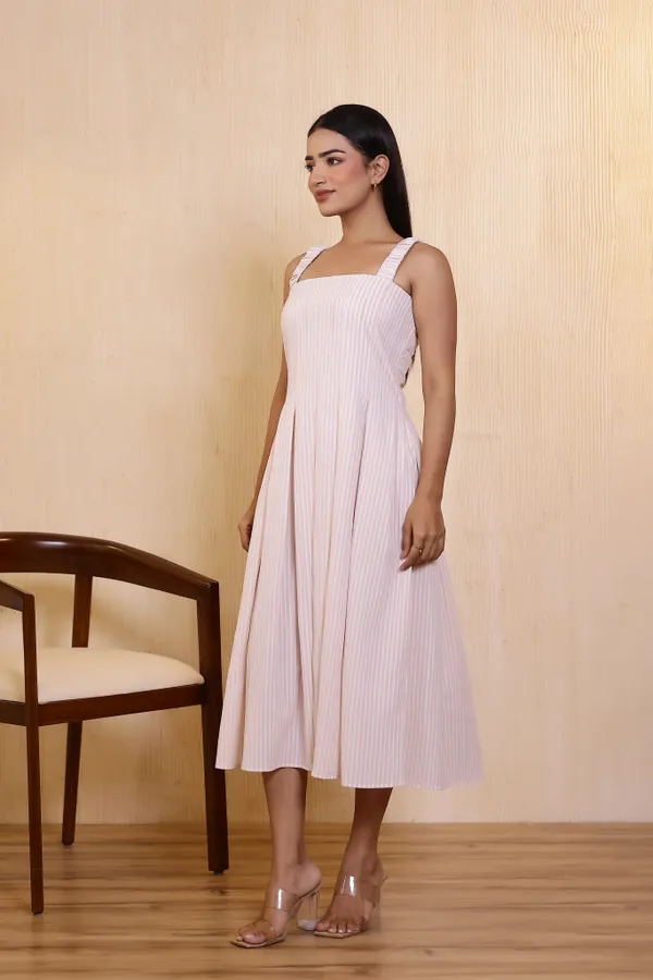 Cream_Crepe_Stripe_Midi_Dress_For_Women