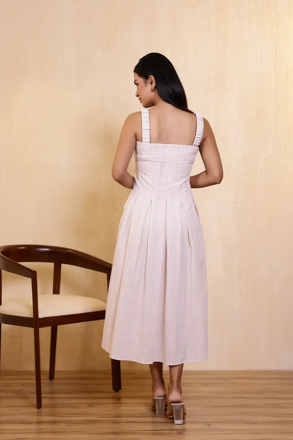 Cream_Crepe_Stripe_Midi_Dress_For_Women