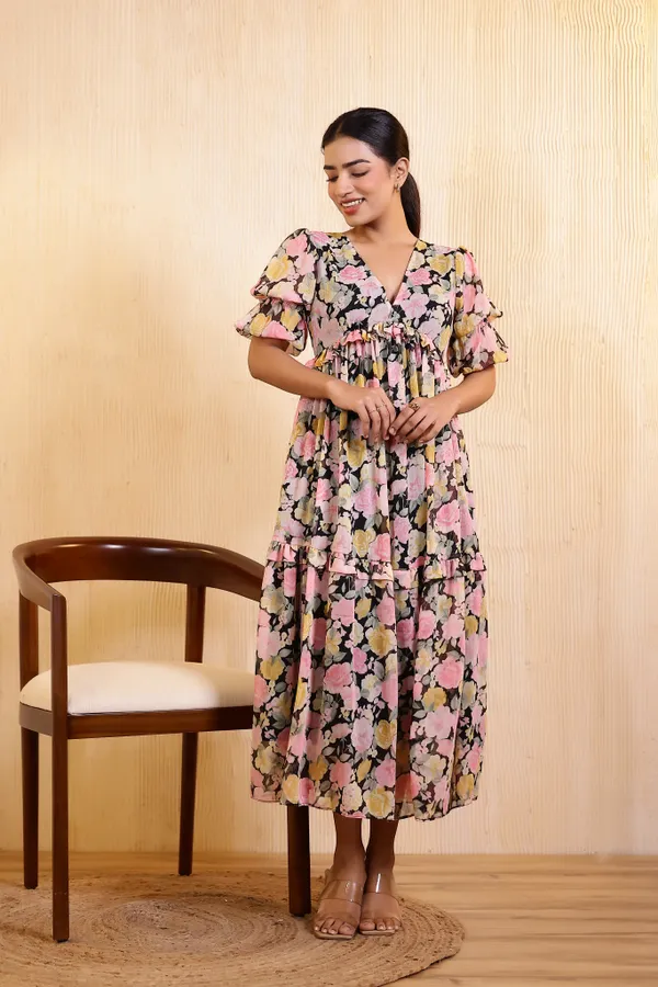 Black_Chiffon_Bouquet_Midi_Dress_For_Women