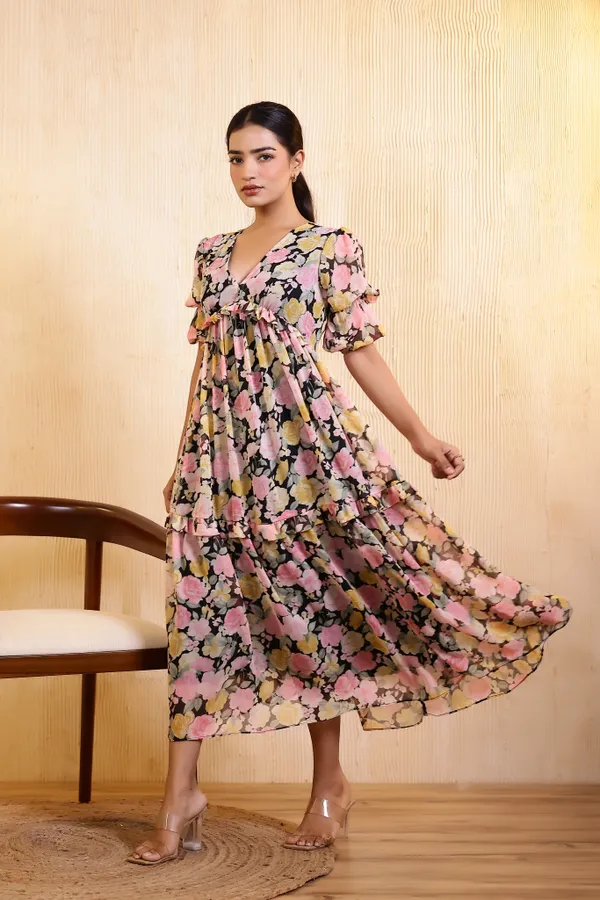 Black_Chiffon_Bouquet_Midi_Dress_For_Women