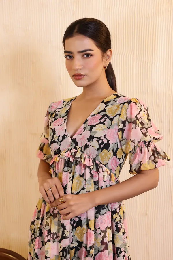 Black_Chiffon_Bouquet_Midi_Dress_For_Women