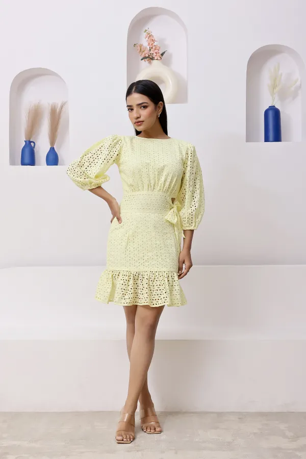Yellow_Cotton_Schiffli_Mini_Dress_For_Women