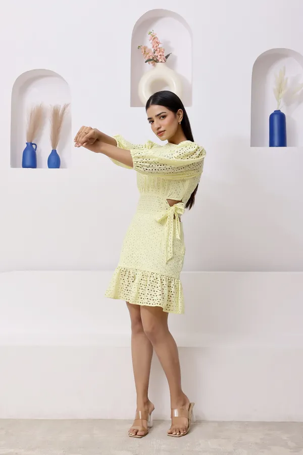 Yellow_Cotton_Schiffli_Mini_Dress_For_Women