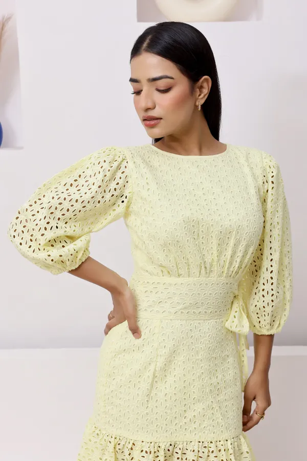 Yellow_Cotton_Schiffli_Mini_Dress_For_Women