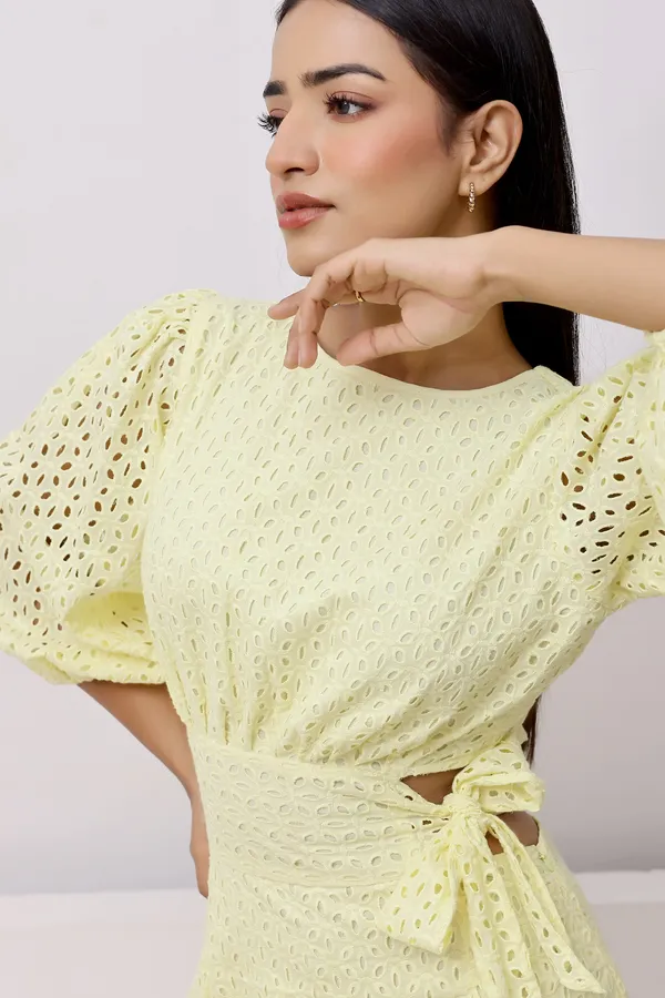 Yellow_Cotton_Schiffli_Mini_Dress_For_Women