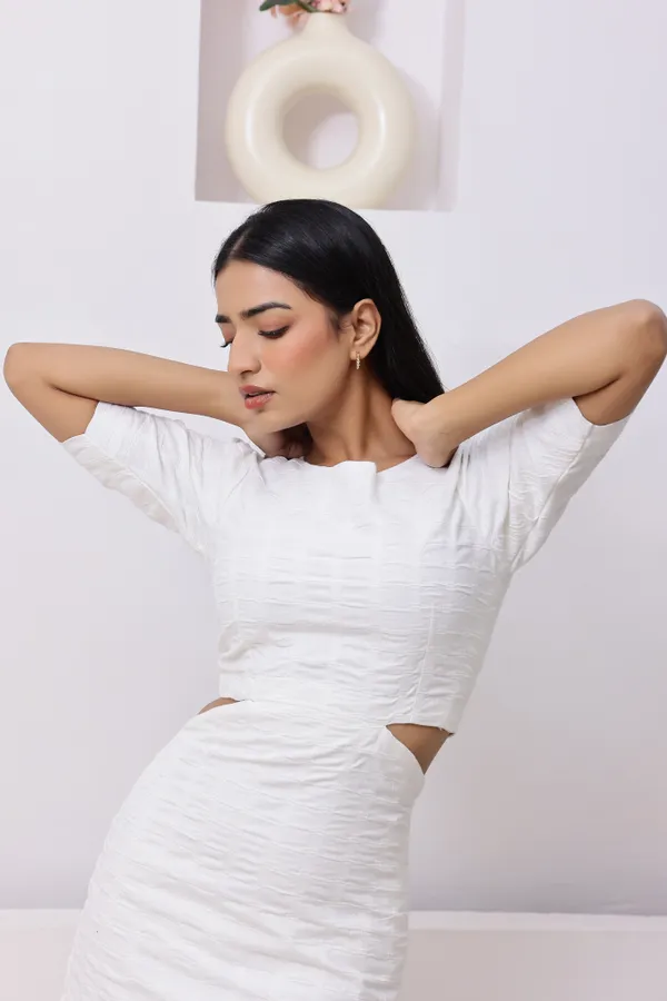 White_Cotton_Textured_Mini_Dress_For_Women