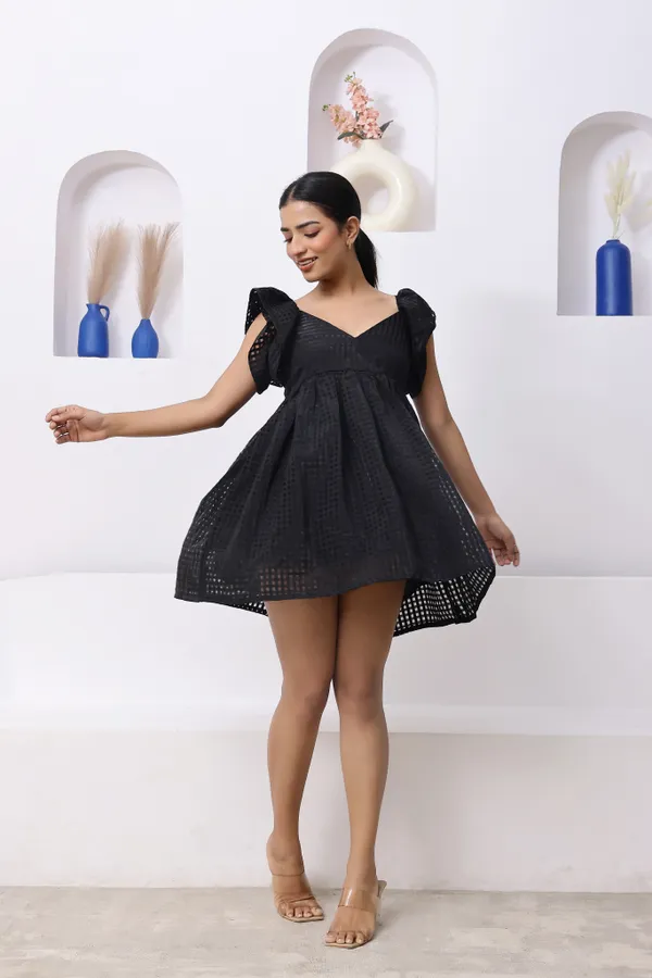 Black_Organza_Checkered_Mini_Dress_For_Women