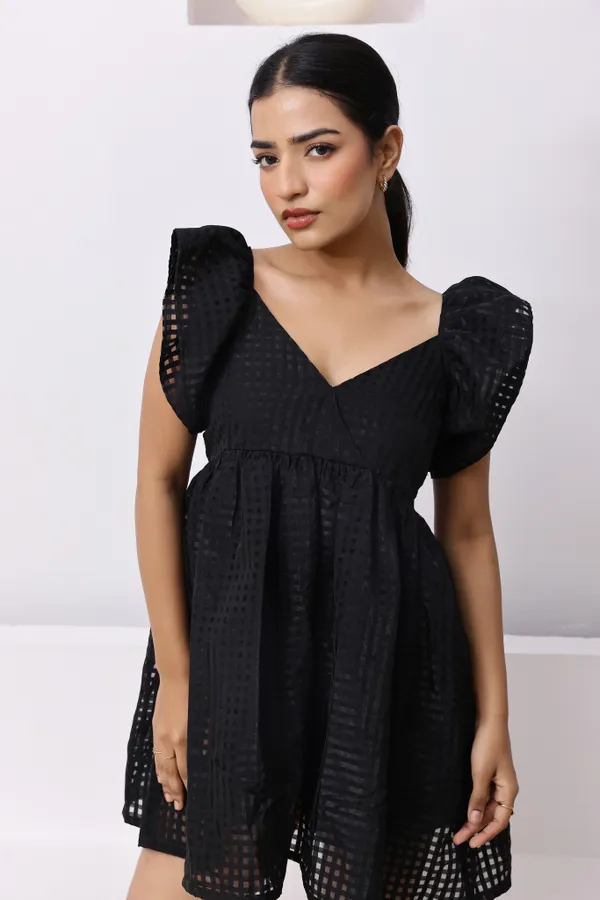 Black_Organza_Checkered_Mini_Dress_For_Women