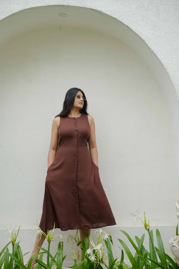 Coffee_brown_rayon_midi_dress