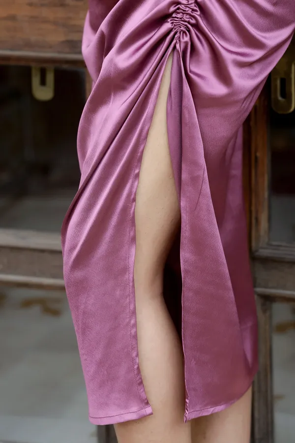 Lavender_Satin__Ruched_Slip_Dress_For_Women