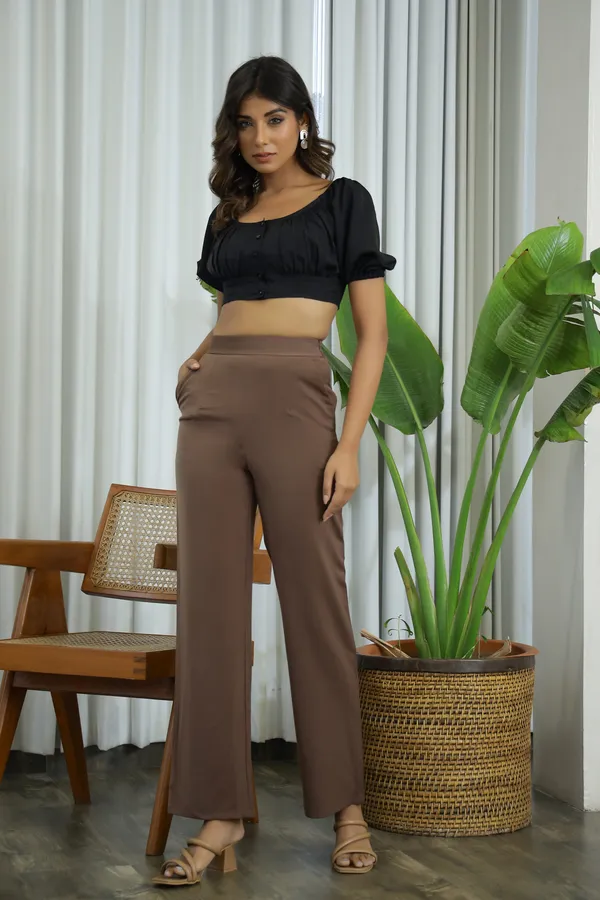 Brown_Blended_Fabric_Firefly_High_Waist_Pants_For_Women