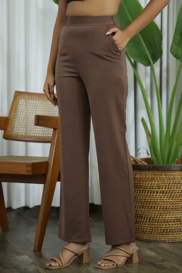 Brown_Blended_Fabric_Firefly_High_Waist_Pants_For_Women