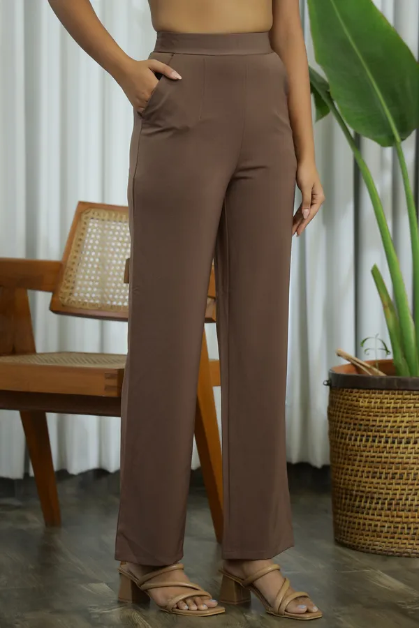 Brown_Blended_Fabric_Firefly_High_Waist_Pants_For_Women