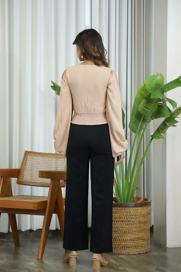 Nude_Polyester_Champagne_Shirred_Waist_Top_For_Women