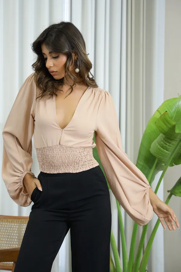 Nude_Polyester_Champagne_Shirred_Waist_Top_For_Women