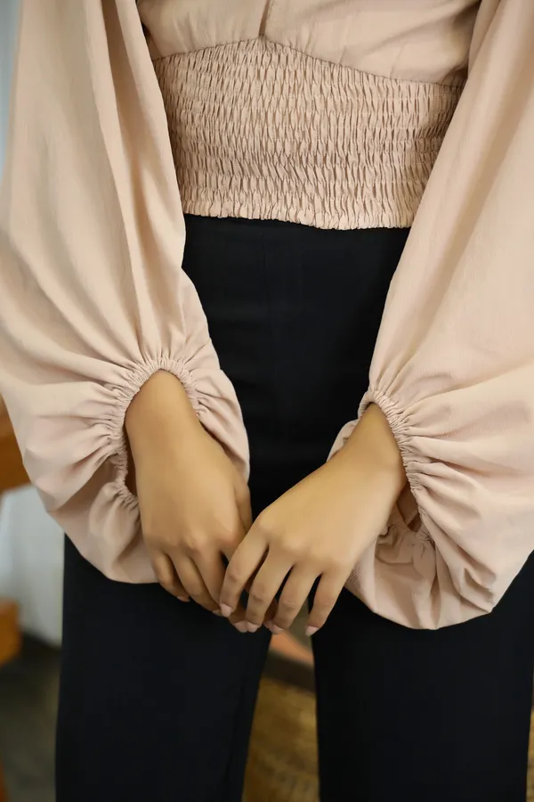Nude_Polyester_Champagne_Shirred_Waist_Top_For_Women