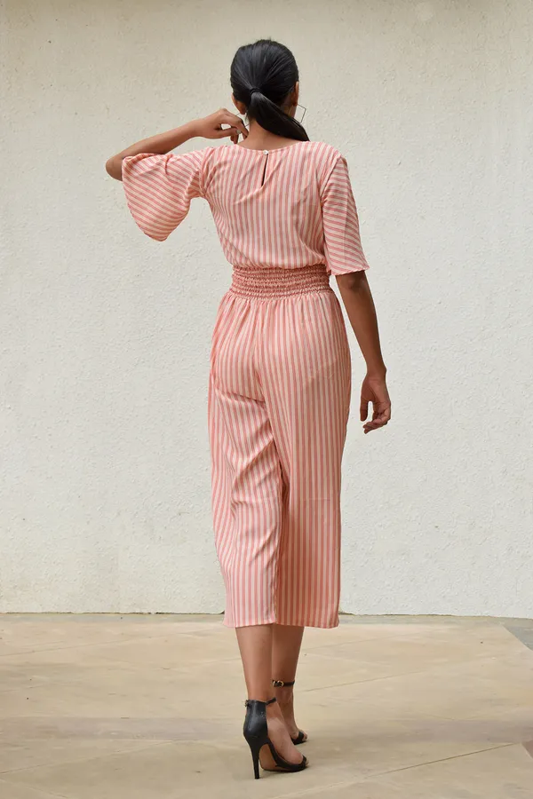Peach_Crepe_Striped_Shirred_Jumpsuit_For_Women