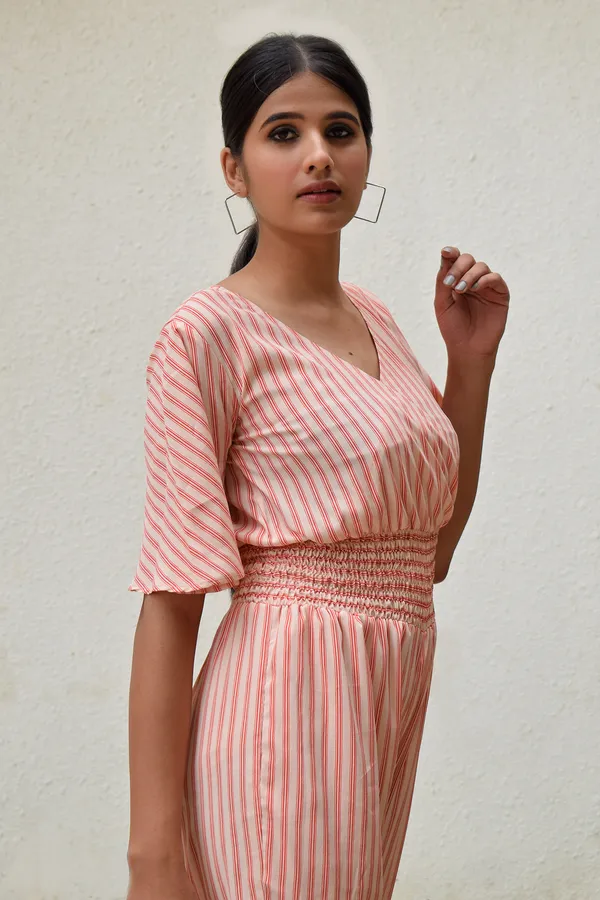 Peach_Crepe_Striped_Shirred_Jumpsuit_For_Women
