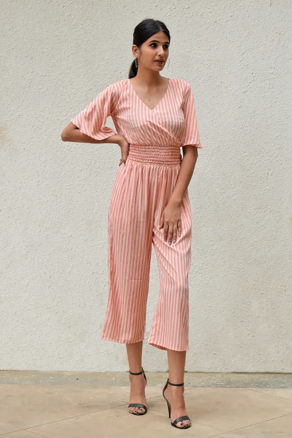 Peach_Crepe_Striped_Shirred_Jumpsuit_For_Women