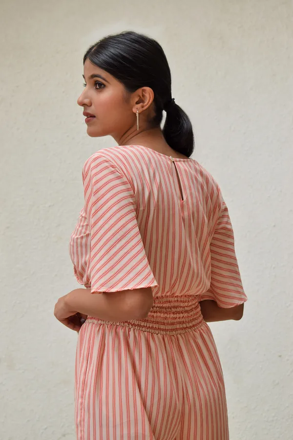 Peach_Crepe_Striped_Shirred_Jumpsuit_For_Women