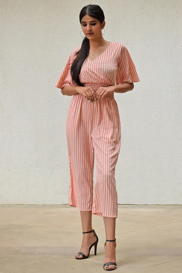 Peach_Crepe_Striped_Shirred_Jumpsuit_For_Women