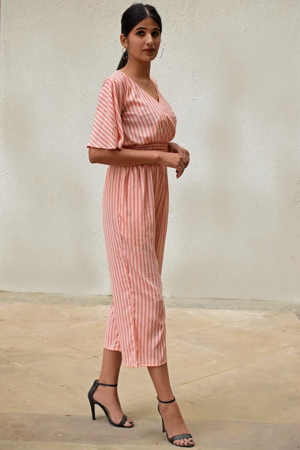 Peach_Crepe_Striped_Shirred_Jumpsuit_For_Women