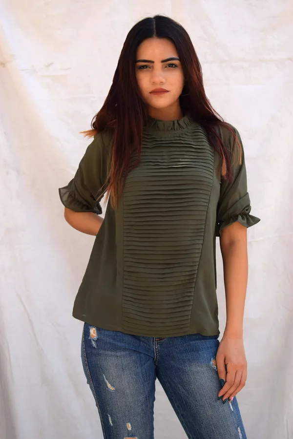 Olive_Georgette_Pleated_Yoke_Top_For_Women