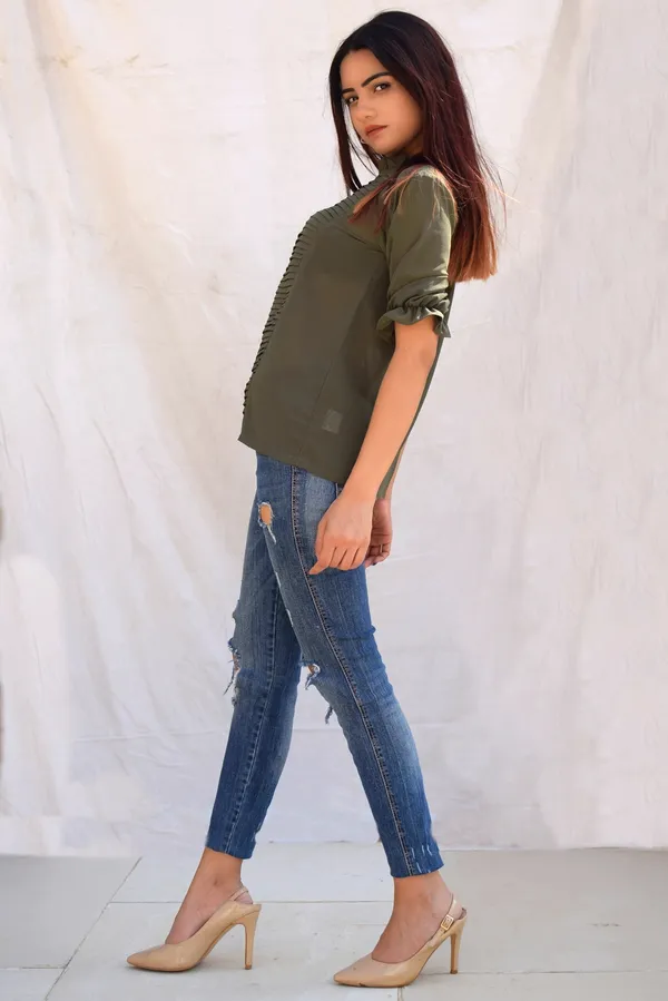 Olive_Georgette_Pleated_Yoke_Top_For_Women