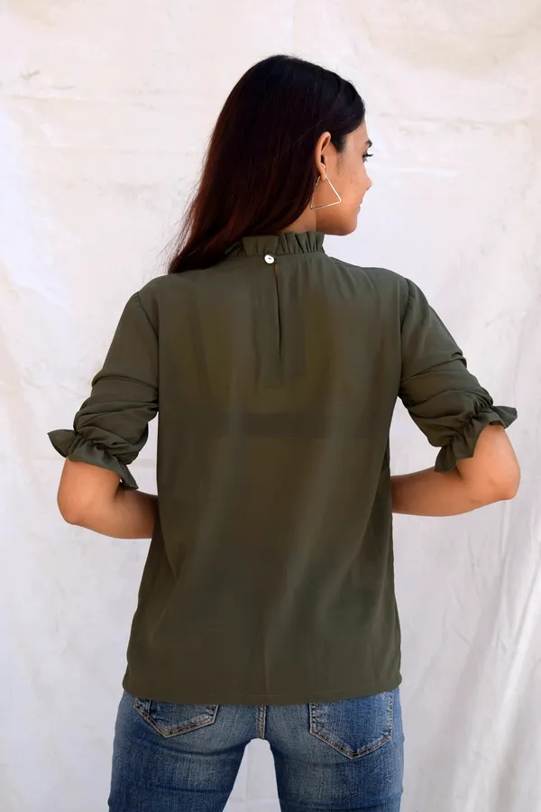 Olive_Georgette_Pleated_Yoke_Top_For_Women