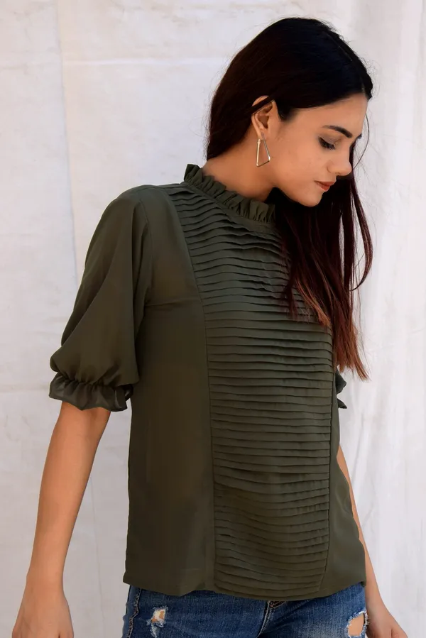 Olive_Georgette_Pleated_Yoke_Top_For_Women