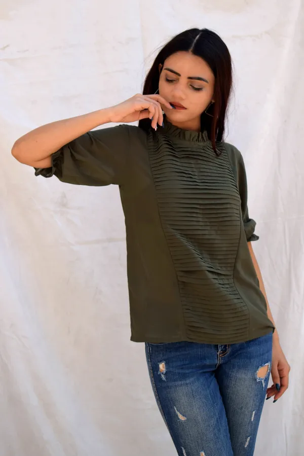 Olive_Georgette_Pleated_Yoke_Top_For_Women